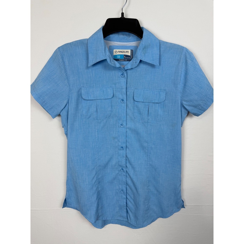 Magellan Outdoors Womens Shirt S Blue Fish Gear Short Sleeve Vented Button Down